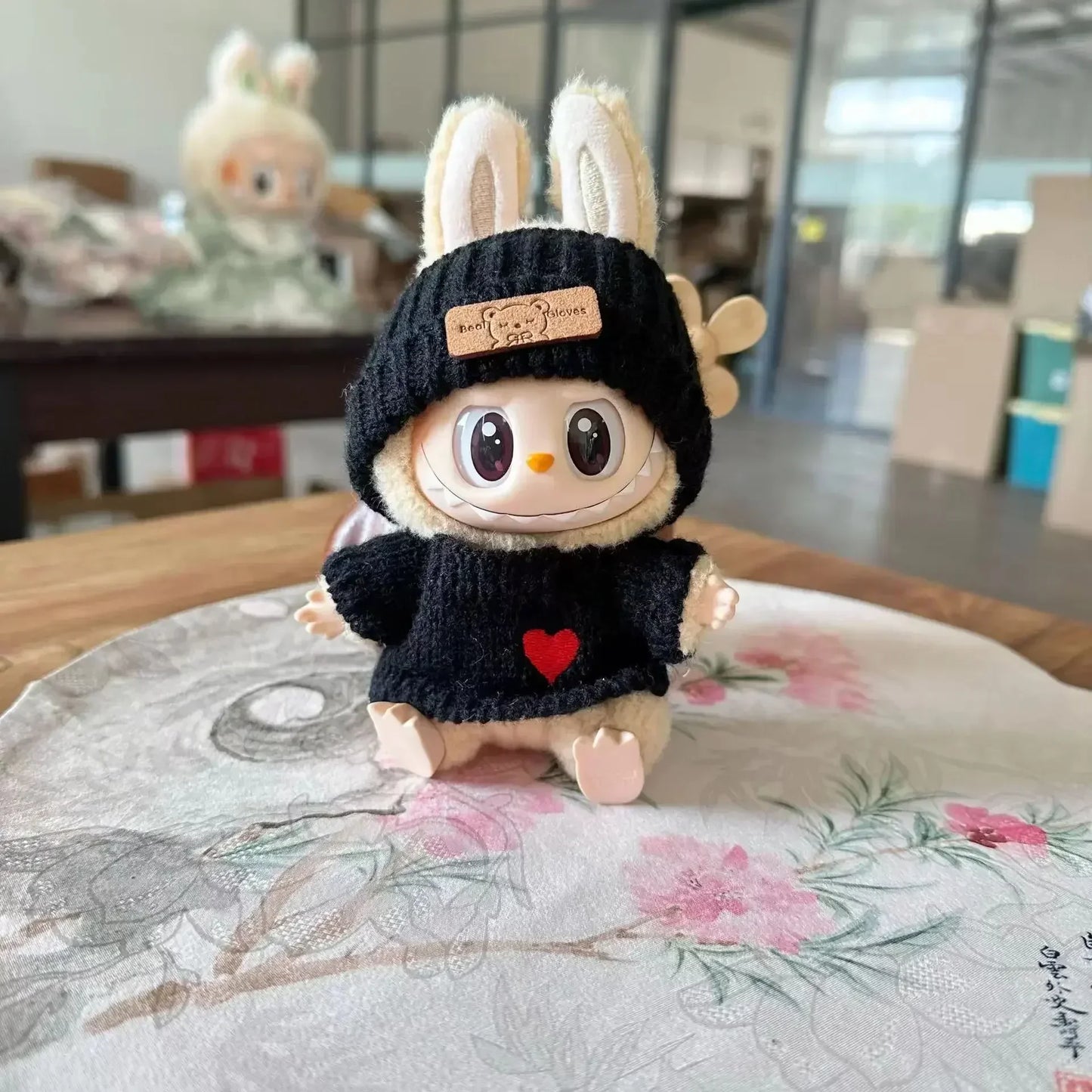 17cm labubu doll clothing, hat with bear tag, love sweater set, cute decoration, small clothes