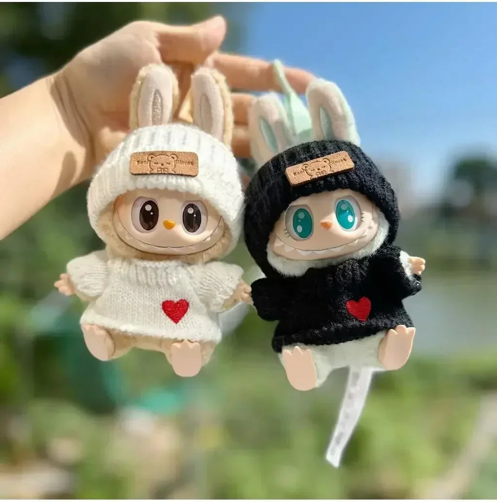 17cm labubu doll clothing, hat with bear tag, love sweater set, cute decoration, small clothes
