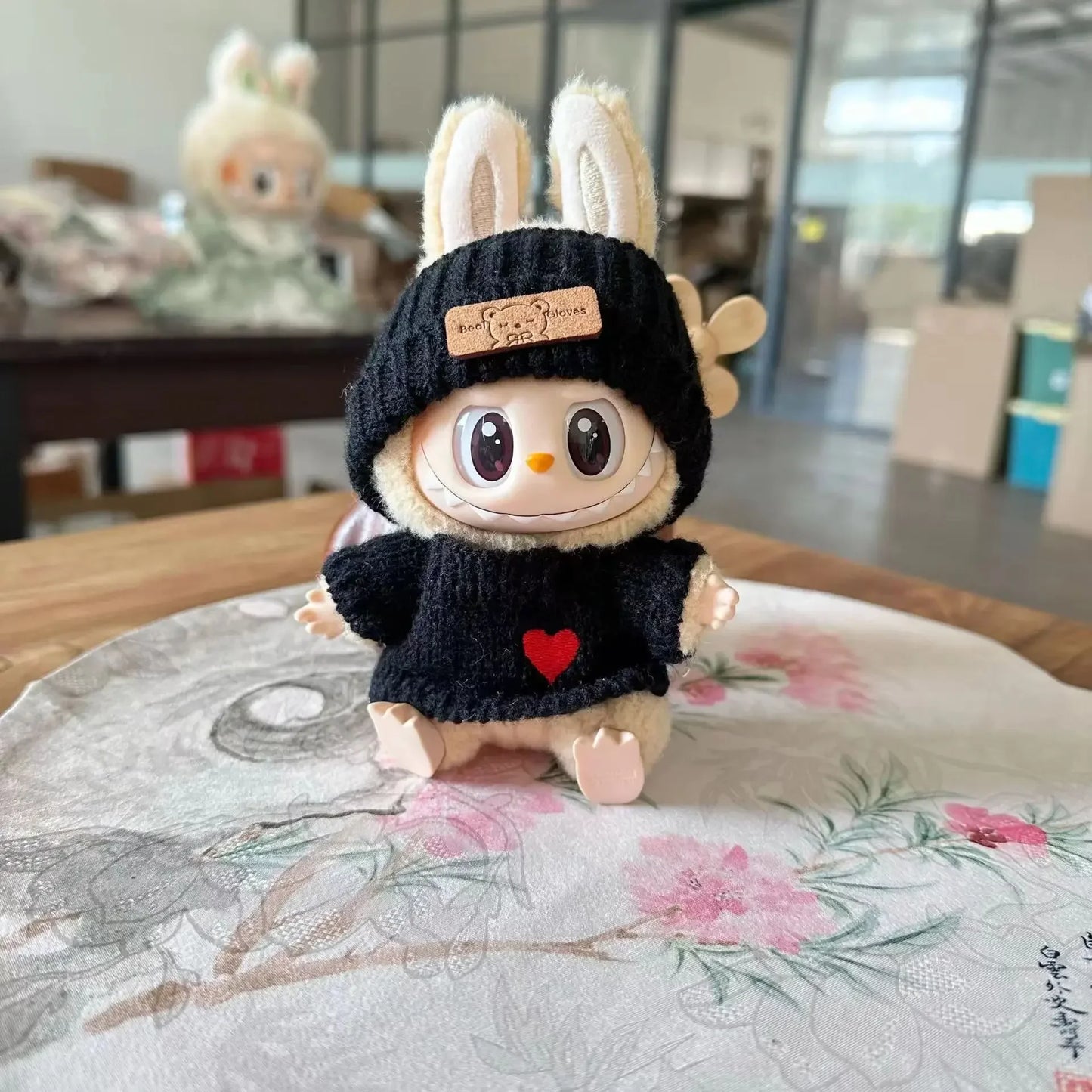 17cm labubu doll clothing, hat with bear tag, love sweater set, cute decoration, small clothes