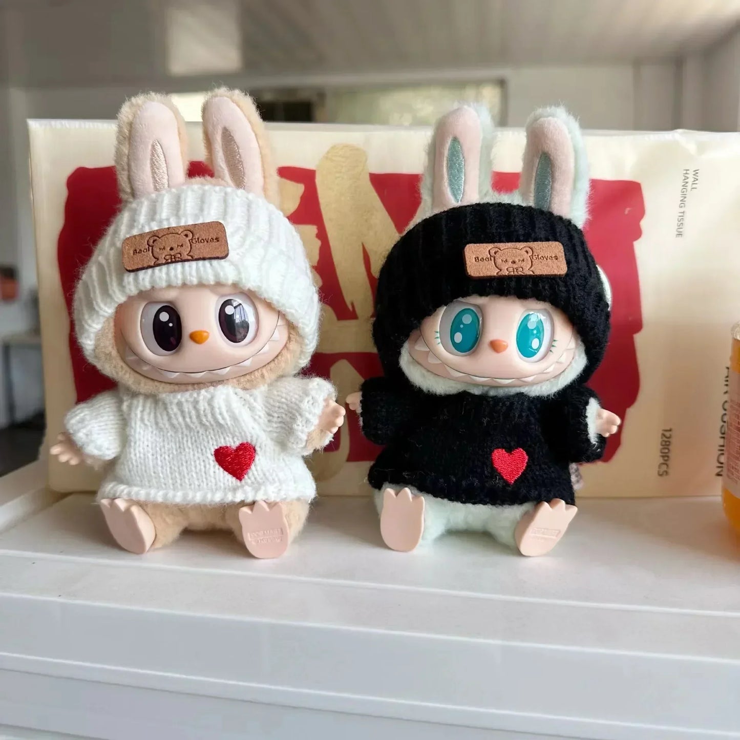 17cm labubu doll clothing, hat with bear tag, love sweater set, cute decoration, small clothes
