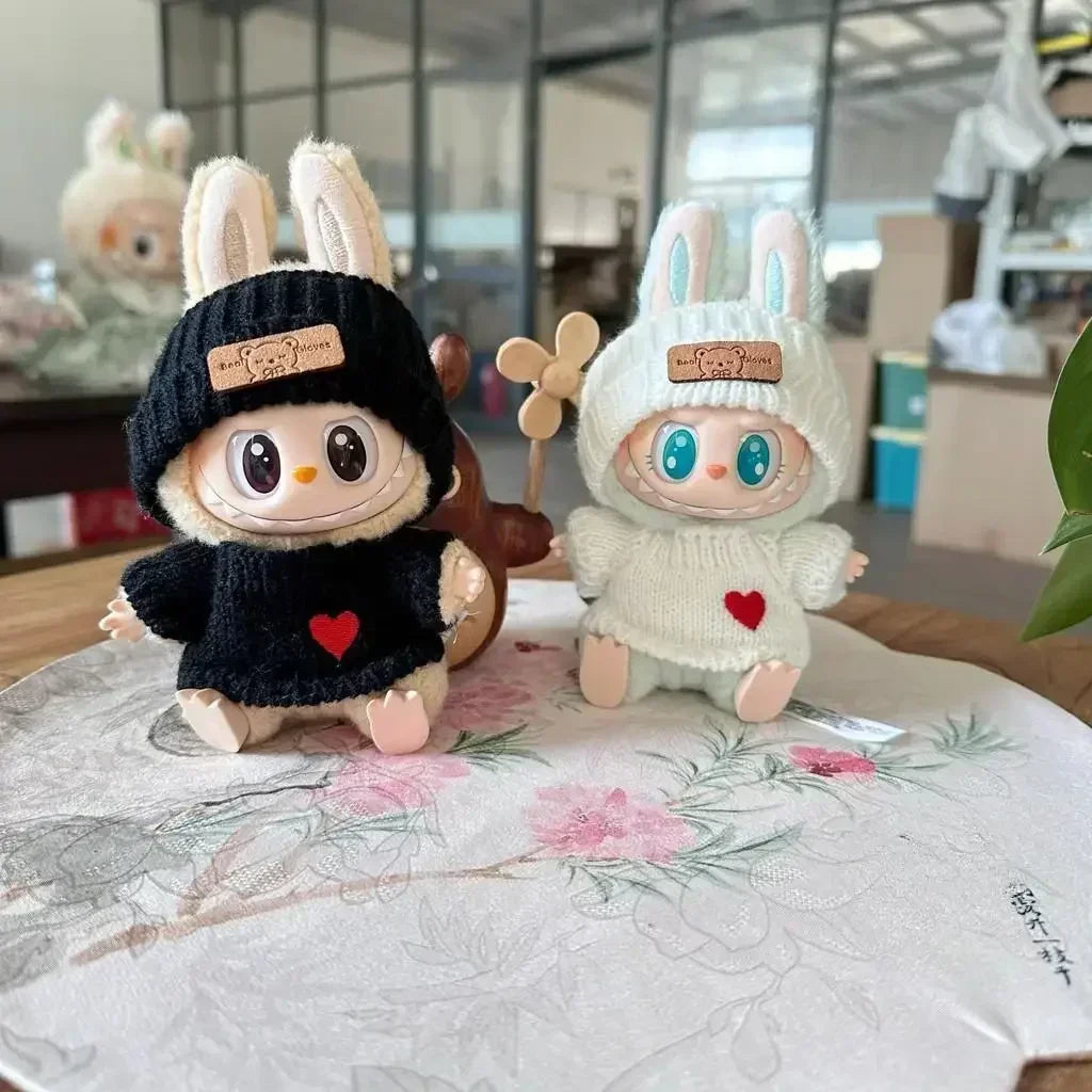 17cm labubu doll clothing, hat with bear tag, love sweater set, cute decoration, small clothes
