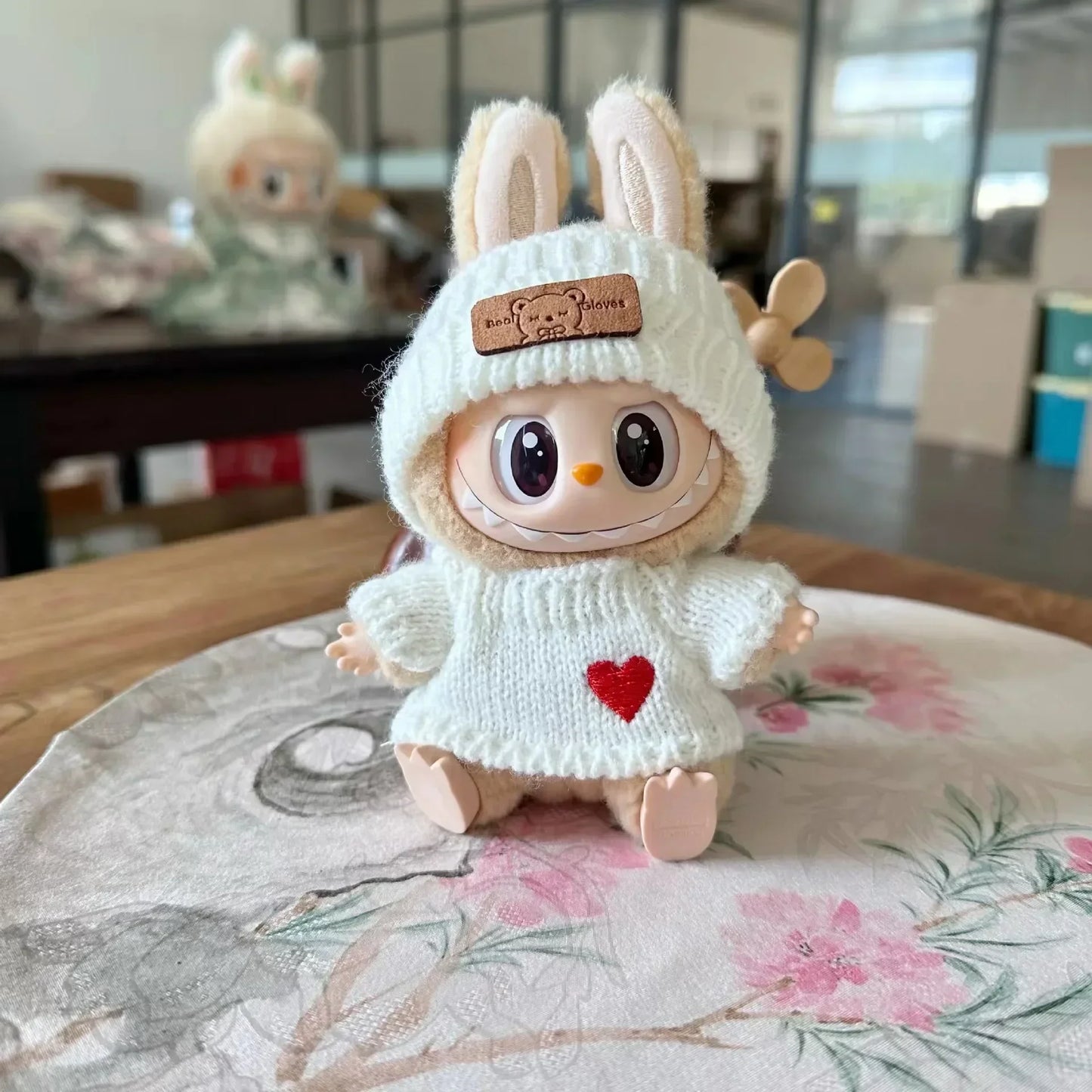 17cm labubu doll clothing, hat with bear tag, love sweater set, cute decoration, small clothes