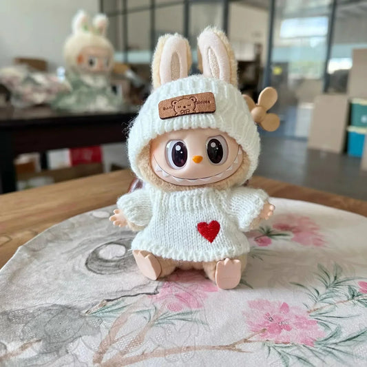 17cm labubu doll clothing, hat with bear tag, love sweater set, cute decoration, small clothes